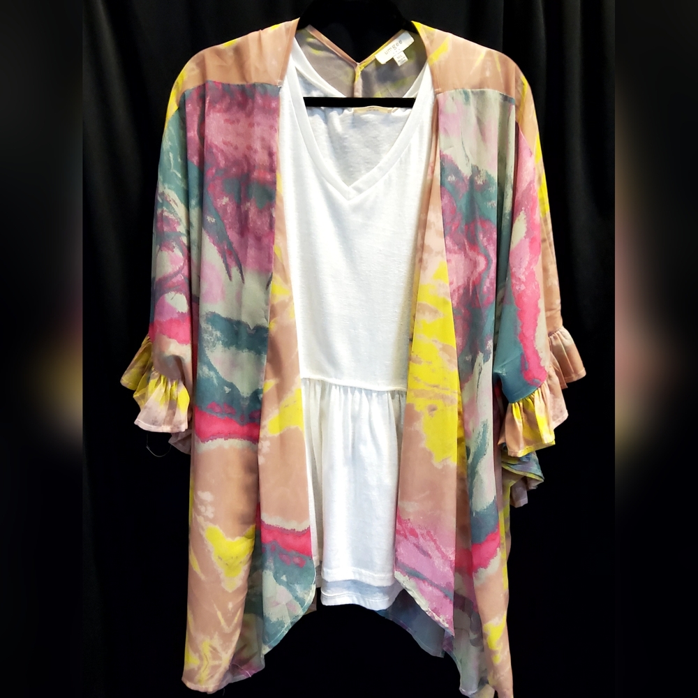 Umgee/Entro white v neck ruffled bottom blouse with bright overlay